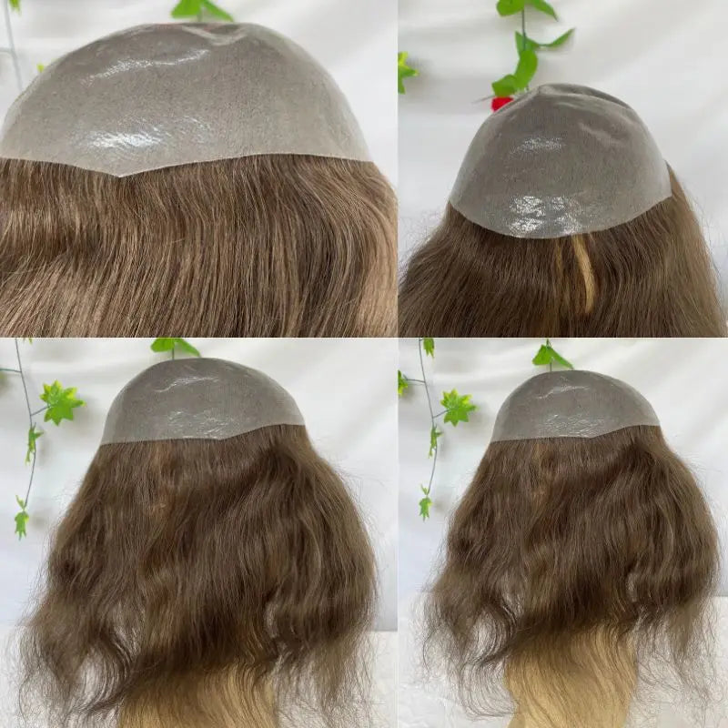 Pwigs12 Inch Long Toupee for Man Cambodian Human Hair 4# Brown V-loop Super Skin Base Full PU Human Hair System for Man 8X10inch