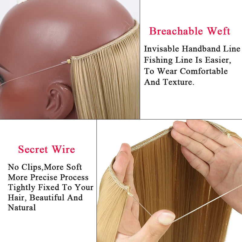 LUPU 24" Synthetic Long Wavy Fish Line Hair Extensions Invisible Wire Secret No Clips In Hairpieces Heat Resistant Fiber