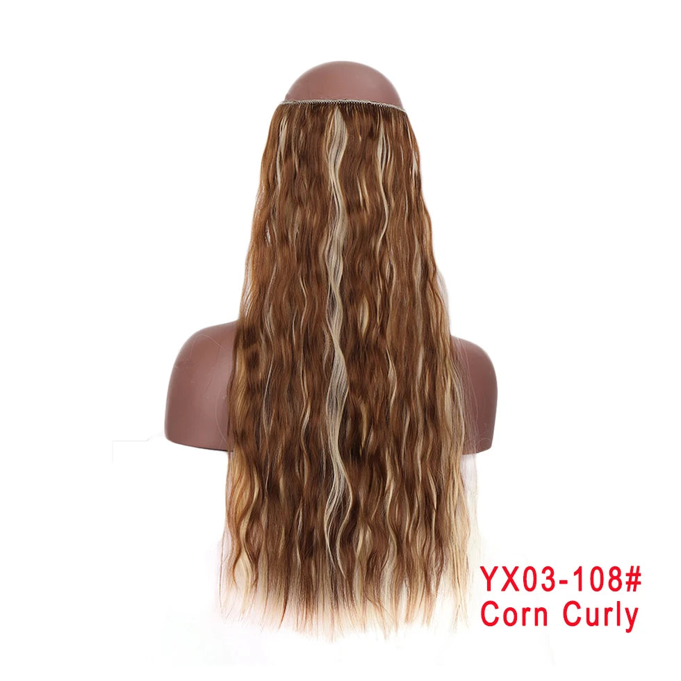 LUPU 24" Synthetic Long Wavy Fish Line Hair Extensions Invisible Wire Secret No Clips In Hairpieces Heat Resistant Fiber