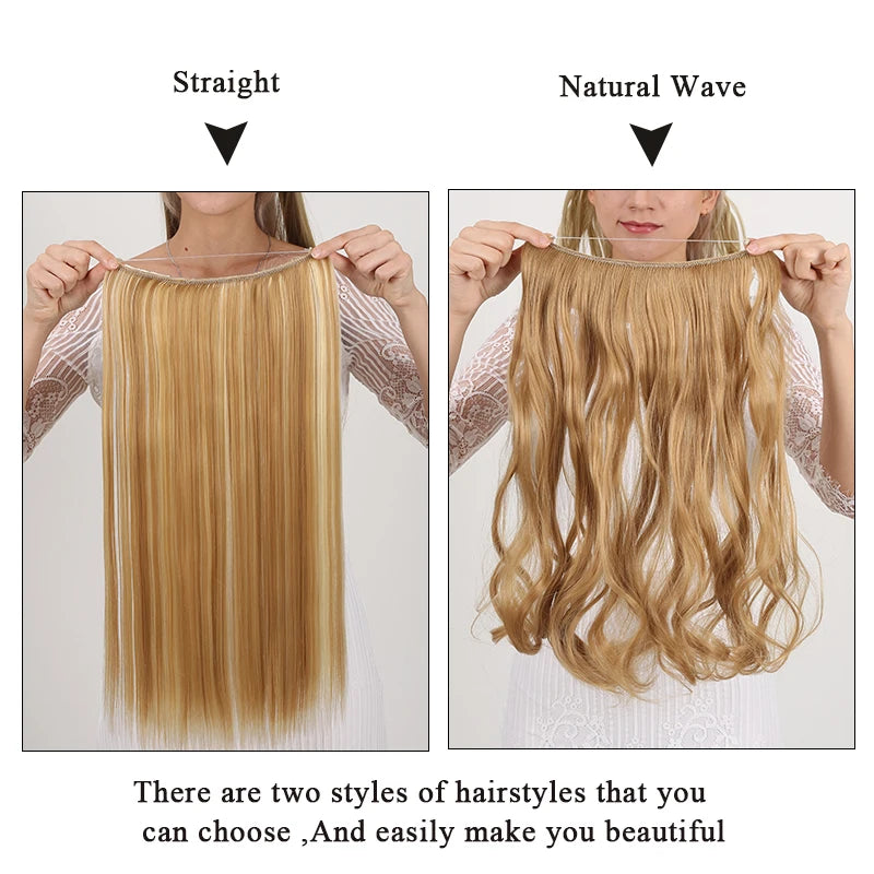LUPU 24" Synthetic Long Wavy Fish Line Hair Extensions Invisible Wire Secret No Clips In Hairpieces Heat Resistant Fiber