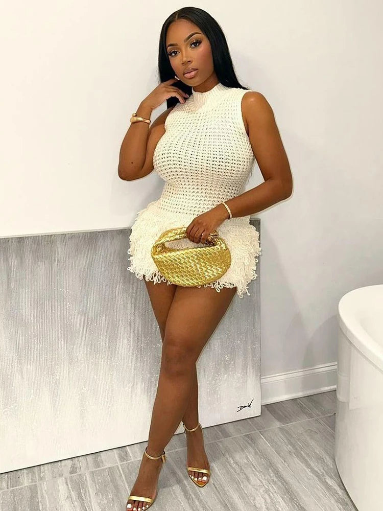 Weird Puss Crochet Dress Women Sexy Chic Y2K Summer Trend Tassel Hem Sleeveless Stretch Fashion Beach Vacation Clubwear Bodycon