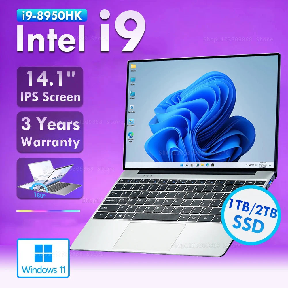 14.1" Windows 11 i9 Laptop Intel Core i9 8950HK Laptops 16GB DDR4 1TB 2TB SSD Notebook PC Gamer Computer Office Study Notebook