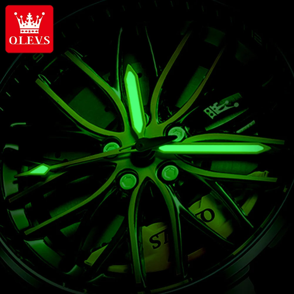 OLEVS Rotation Rim Hub Sports Car Watch Men Watches Waterproof Stainless Steel Wheel Quartz Wristwatch Men with Luminous Hands