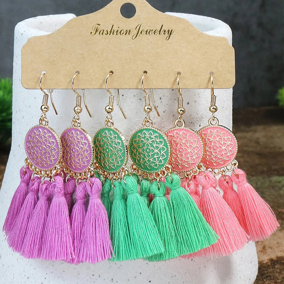 Women Bohemian Colored Tassel Dangling Earrings For Girl Pagoda Fan Dangling Earrings Eardrop Female Net Flowe Fashion Jewelry