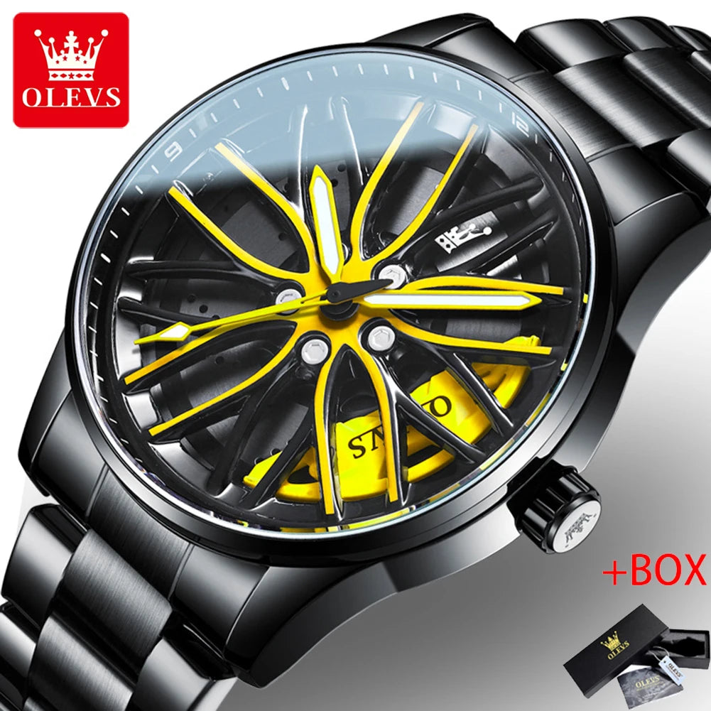 OLEVS Rotation Rim Hub Sports Car Watch Men Watches Waterproof Stainless Steel Wheel Quartz Wristwatch Men with Luminous Hands