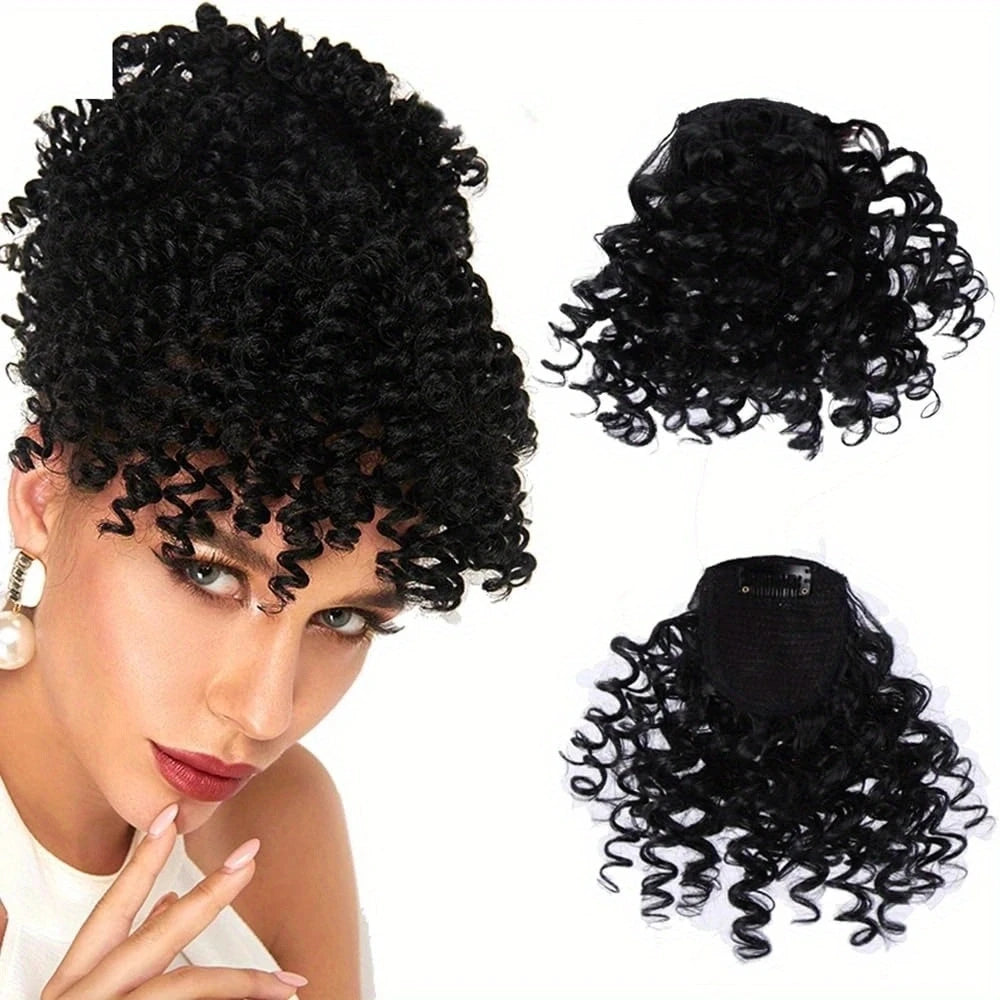 Synthetic Curly Bangs for Women Afro Puff Kinky Curly Bangs Clip In Hairpieces Natural Style Heat Resistant Fiber Hair Extension