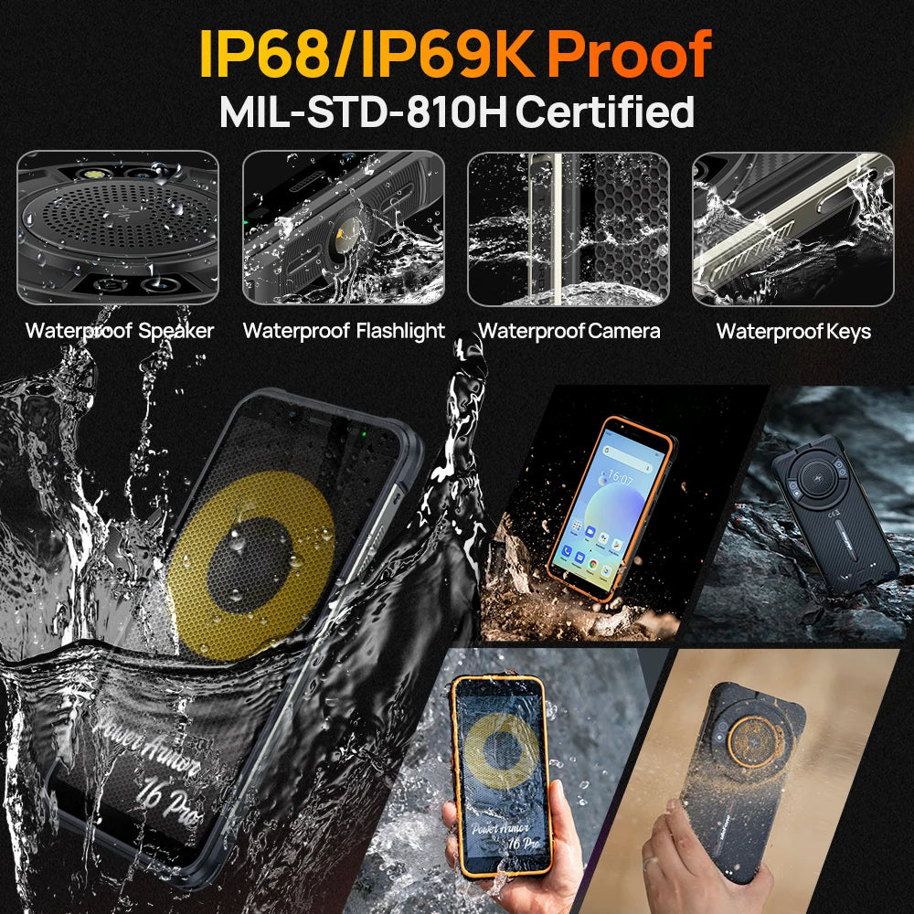【2024 New】Ulefone Power Armor 16S ,NFC 16GB RAM 128GB ROM,50MP Camera, 9600mAh ,122dB Loudest Speaker, Global Version ,Android