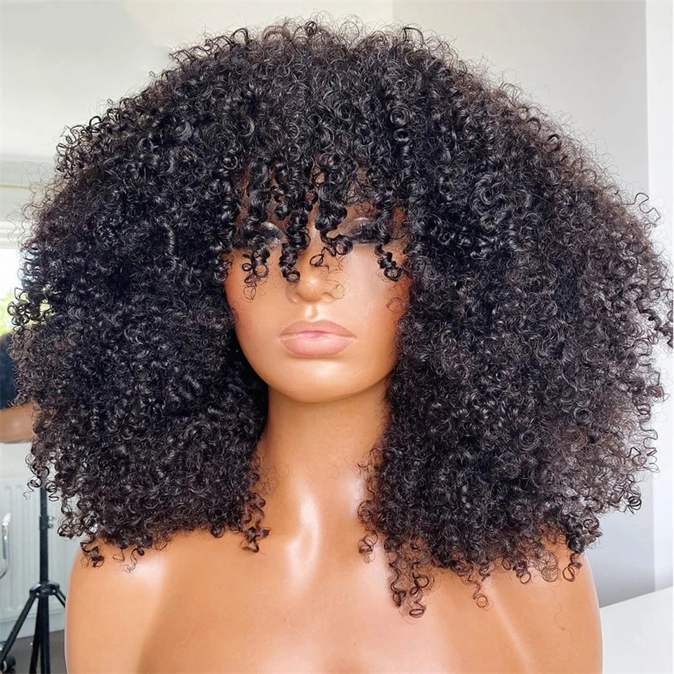 Mongolian Afro Kinky Curly Human Hair Wigs with Bangs Wear to go Glueless Wig Remy Brazilian Short Curly Bangs Wig Human Hair