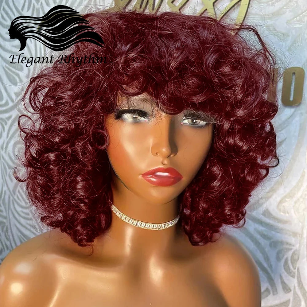 Short Curly Bob Wig Human Hair With Bangs Ready to Go Glueless Bouncy Curly Human Hair Wigs Machine Made Afro Wigs for Women