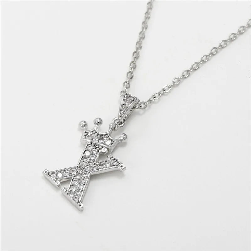 Necklace Crown Cubic Zircon Alphabet Pendants Gold A-Z Letter Pendant Necklace Shinning 26 Initial Collares Jewelry Full Zircon