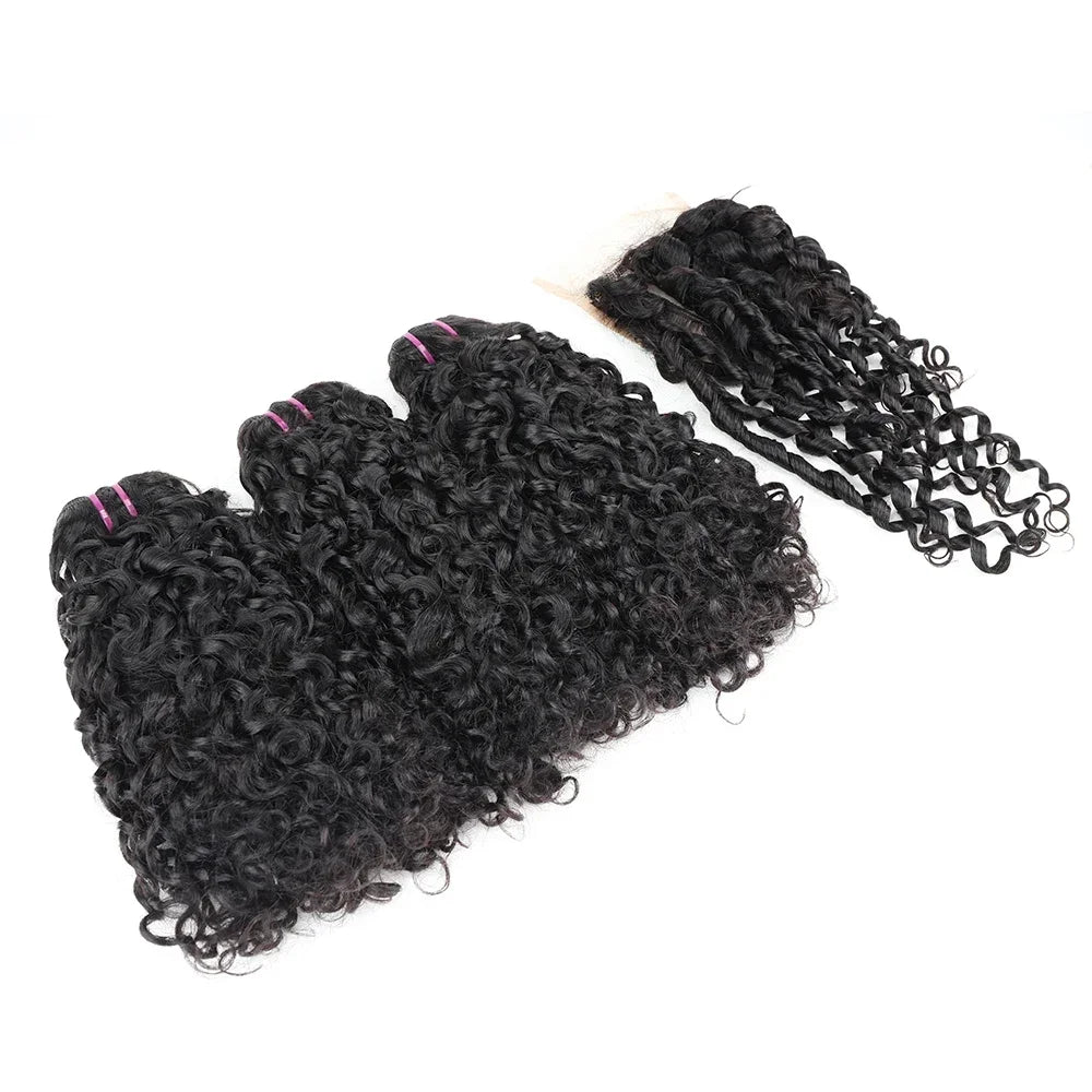 Double Drawn Pixie Curl Hair Bundles with Closure Brazilian Bouncy Curl Virgin Human Raw Hair Bundle Extensions 4x4 Lace Closure