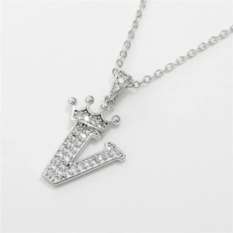 Necklace Crown Cubic Zircon Alphabet Pendants Gold A-Z Letter Pendant Necklace Shinning 26 Initial Collares Jewelry Full Zircon
