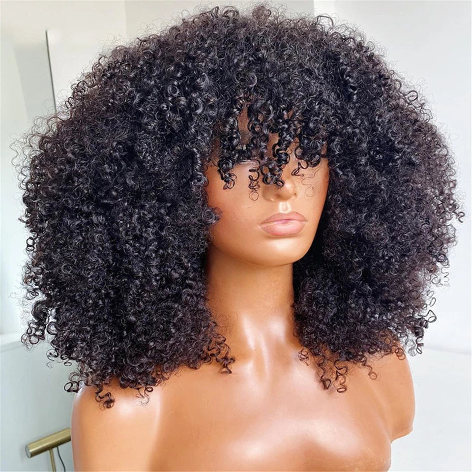 Mongolian Afro Kinky Curly Human Hair Wigs with Bangs Wear to go Glueless Wig Remy Brazilian Short Curly Bangs Wig Human Hair