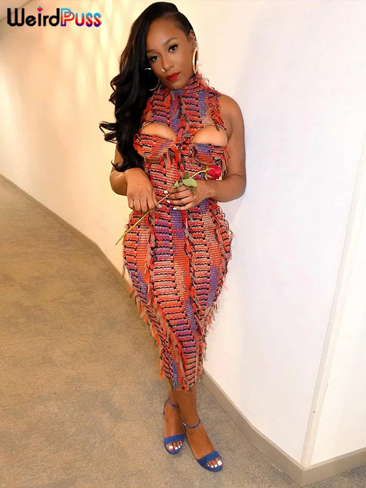 Nibber Sexy Hollow Dress Women Knit Colorful Tassel Backless Y2k 2024 Summer Trend Stretch Sleeveless Elastic Bodycon Clubwear
