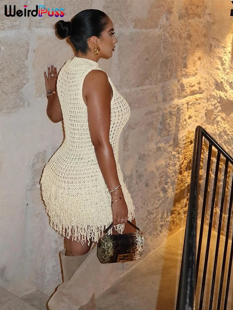 Weird Puss Crochet Dress Women Sexy Chic Y2K Summer Trend Tassel Hem Sleeveless Stretch Fashion Beach Vacation Clubwear Bodycon