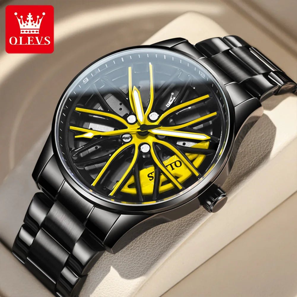 OLEVS Rotation Rim Hub Sports Car Watch Men Watches Waterproof Stainless Steel Wheel Quartz Wristwatch Men with Luminous Hands
