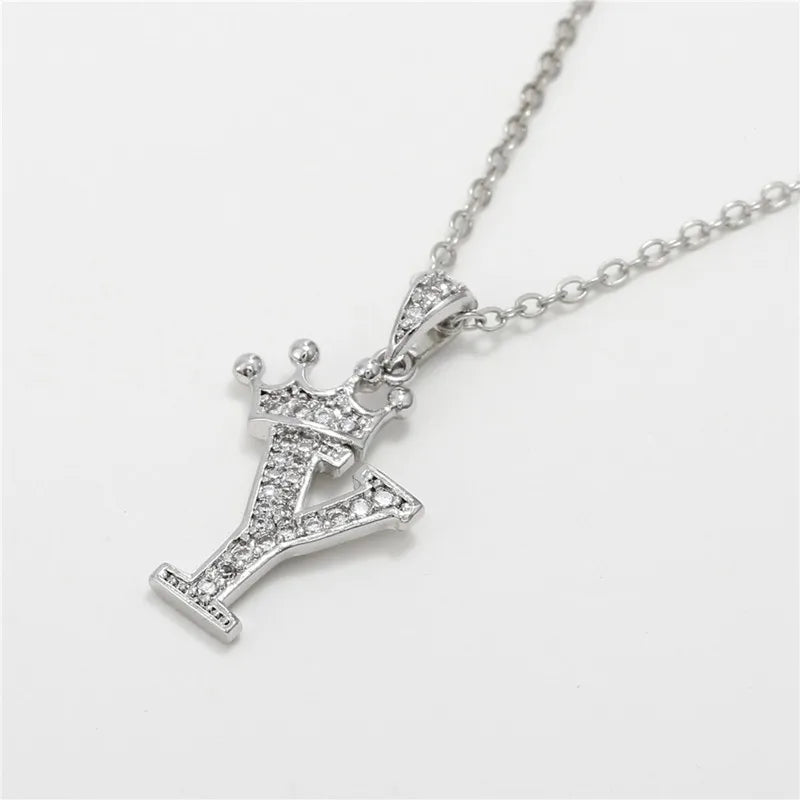 Necklace Crown Cubic Zircon Alphabet Pendants Gold A-Z Letter Pendant Necklace Shinning 26 Initial Collares Jewelry Full Zircon