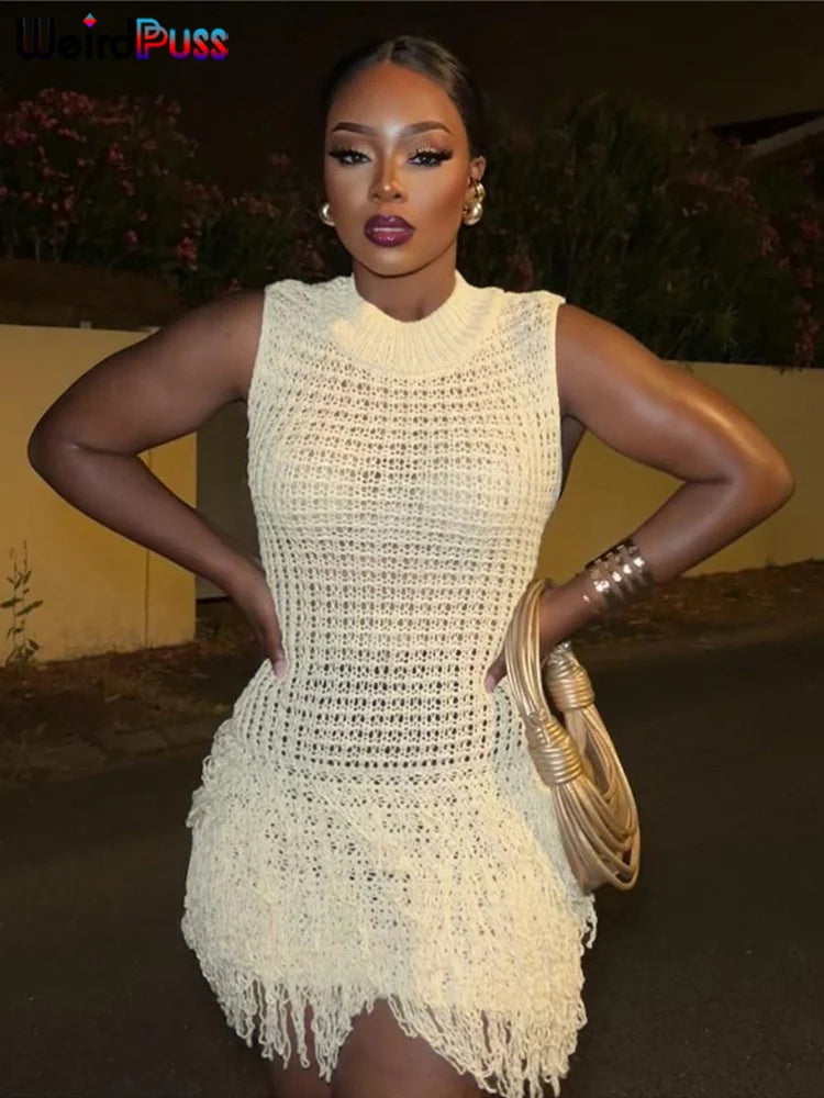 Weird Puss Crochet Dress Women Sexy Chic Y2K Summer Trend Tassel Hem Sleeveless Stretch Fashion Beach Vacation Clubwear Bodycon