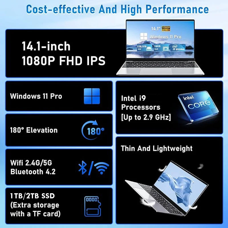 14.1" Windows 11 i9 Laptop Intel Core i9 8950HK Laptops 16GB DDR4 1TB 2TB SSD Notebook PC Gamer Computer Office Study Notebook