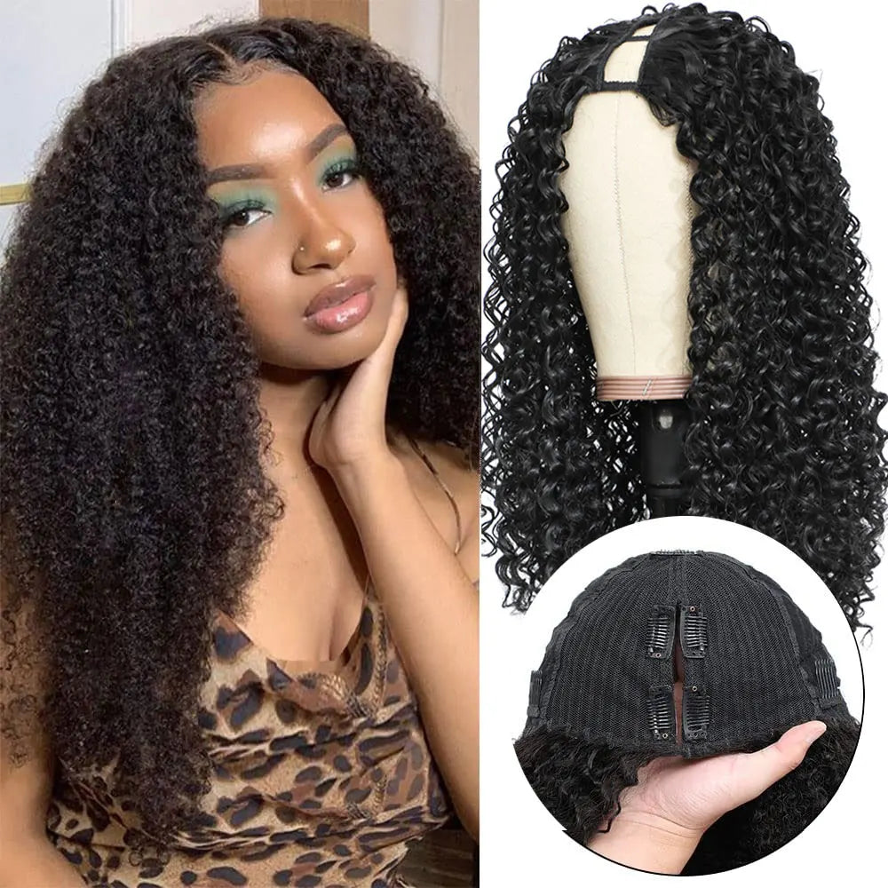 Deep Curly V Part Wigs Kinky Curly Synthetic Hair Wigs for Black Women Deep Water Wave No Leave Out Full Head Clip In Half Wig