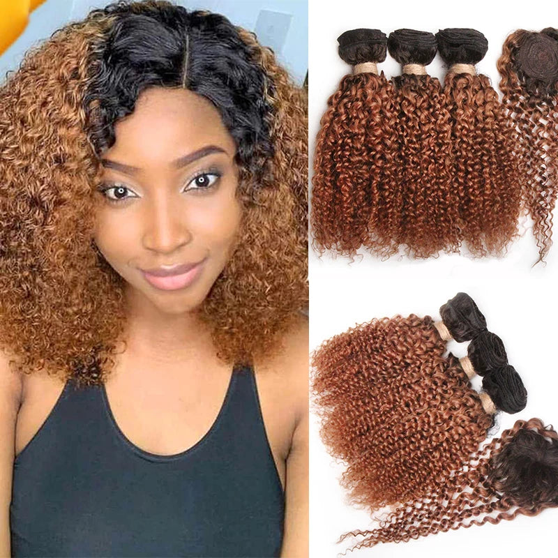 Short Ombre Human Hair Bundles with Closure Brazilian Jerry Curly Bundles with Closure 8 10 12inch Short Natural Human Hair