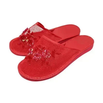 Women Stylish Mesh Floral Slippers Flats Flip Flop Loafers Ladies Mules Fresh Breathable Home Floor Parent-Child Eva Bottom