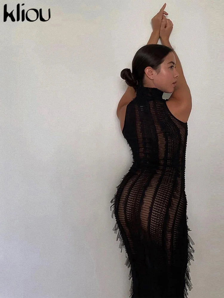 kliou Crochet Patchwork Midi Dresses Women Fashion Summer Sheer Solid Sleeveless O-neck Sheath Vestidos Female Street Bodycons
