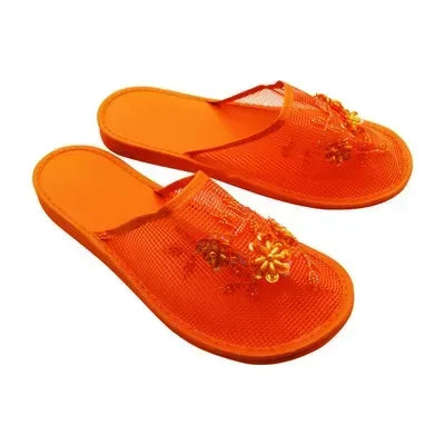 Women Stylish Mesh Floral Slippers Flats Flip Flop Loafers Ladies Mules Fresh Breathable Home Floor Parent-Child Eva Bottom