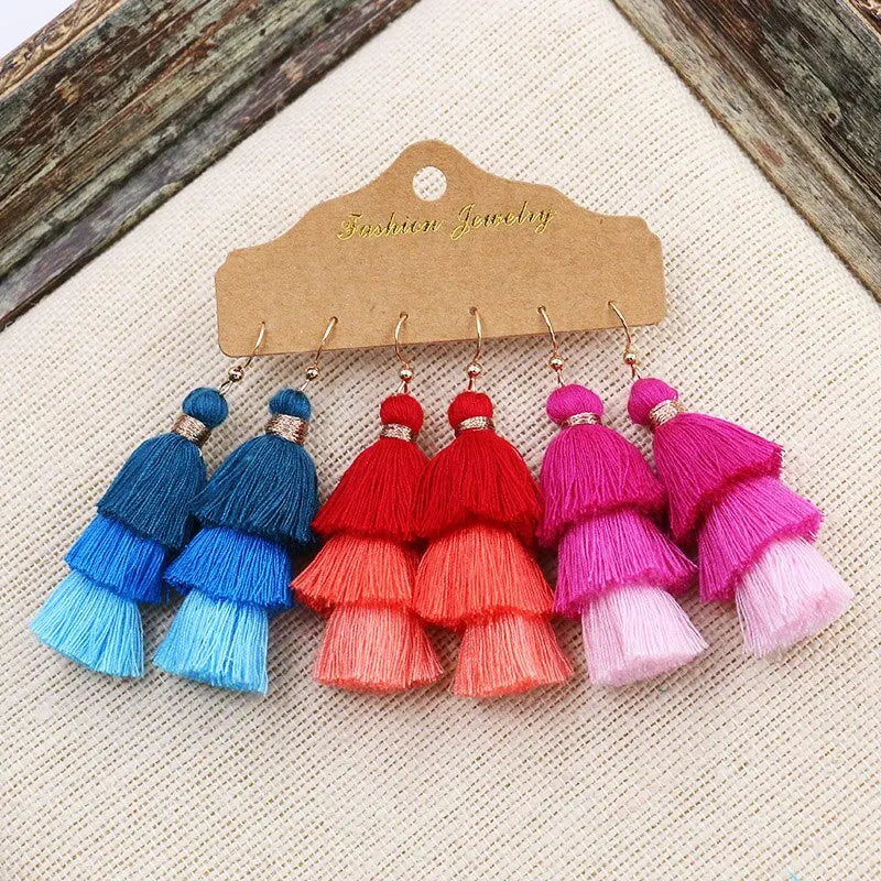 Women Bohemian Colored Tassel Dangling Earrings For Girl Pagoda Fan Dangling Earrings Eardrop Female Net Flowe Fashion Jewelry