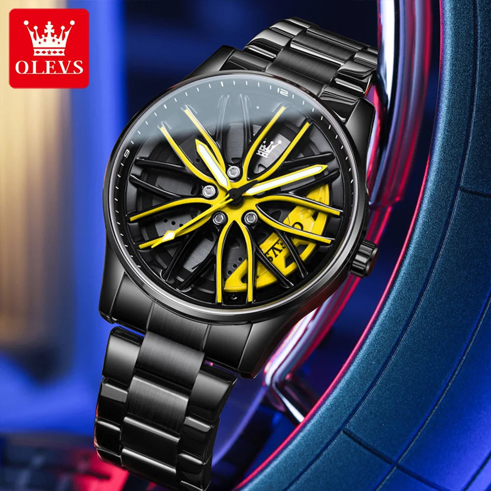 OLEVS Rotation Rim Hub Sports Car Watch Men Watches Waterproof Stainless Steel Wheel Quartz Wristwatch Men with Luminous Hands
