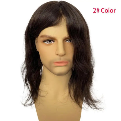 Pwigs12 Inch Long Toupee for Man Cambodian Human Hair 4# Brown V-loop Super Skin Base Full PU Human Hair System for Man 8X10inch