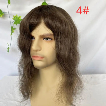 Pwigs12 Inch Long Toupee for Man Cambodian Human Hair 4# Brown V-loop Super Skin Base Full PU Human Hair System for Man 8X10inch