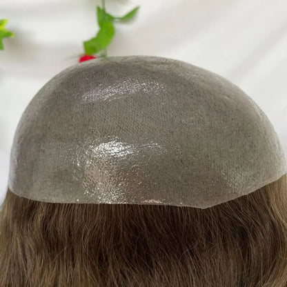 Pwigs12 Inch Long Toupee for Man Cambodian Human Hair 4# Brown V-loop Super Skin Base Full PU Human Hair System for Man 8X10inch