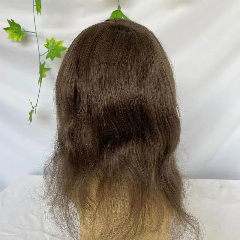Pwigs12 Inch Long Toupee for Man Cambodian Human Hair 4# Brown V-loop Super Skin Base Full PU Human Hair System for Man 8X10inch
