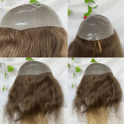 Pwigs12 Inch Long Toupee for Man Cambodian Human Hair 4# Brown V-loop Super Skin Base Full PU Human Hair System for Man 8X10inch