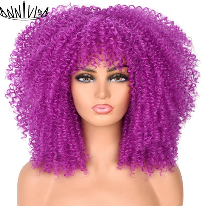 Curly Wigs For Black Women Short Kinky Curly Afro Wigs With Bangs 16 Inch Brown Afro Hair Synthetic Fibre Cosplay Hair