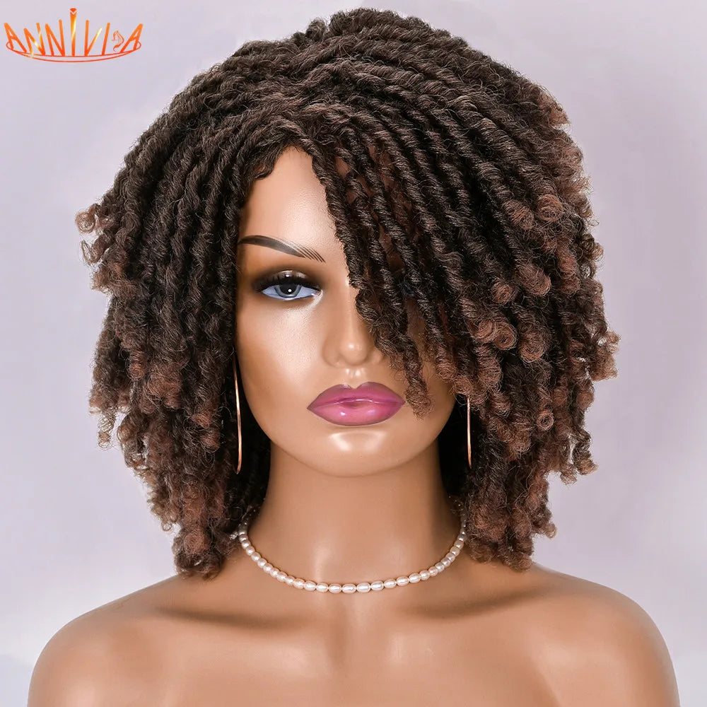 Short Dreadlock Hair Wig Curly Synthetic Soft Faux Locs Wigs With Bangs For Black Women Ombre Crochet Twist Hair Wigs Annivia