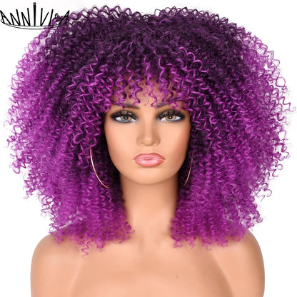 Curly Wigs For Black Women Short Kinky Curly Afro Wigs With Bangs 16 Inch Brown Afro Hair Synthetic Fibre Cosplay Hair