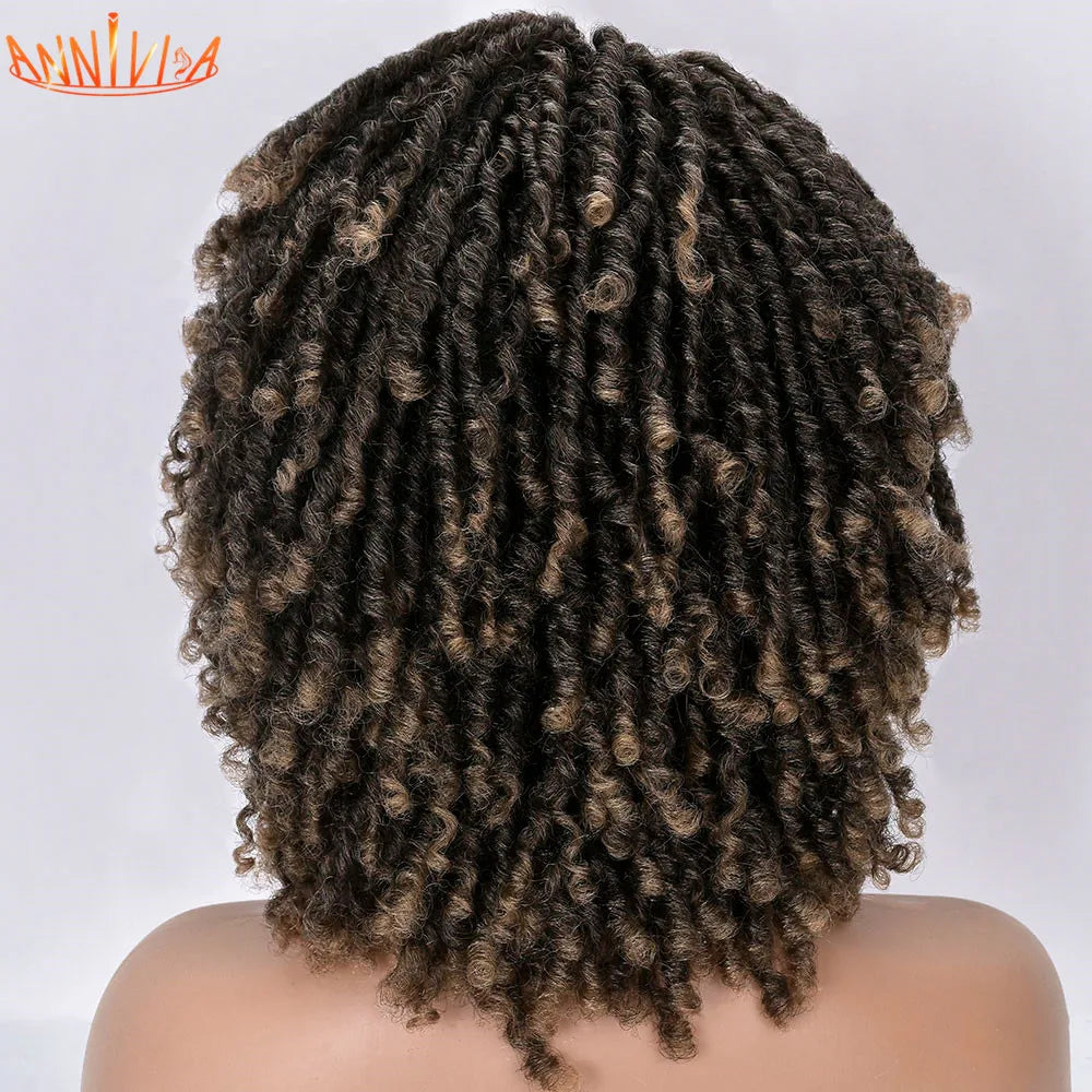 Short Dreadlock Hair Wig Curly Synthetic Soft Faux Locs Wigs With Bangs For Black Women Ombre Crochet Twist Hair Wigs Annivia