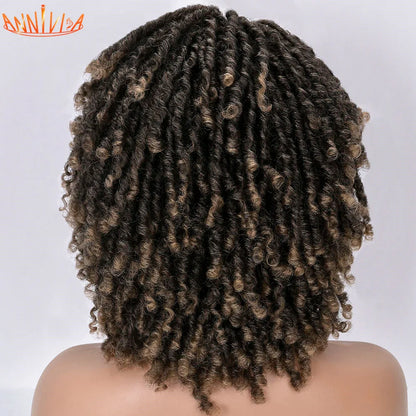 Short Dreadlock Hair Wig Curly Synthetic Soft Faux Locs Wigs With Bangs For Black Women Ombre Crochet Twist Hair Wigs Annivia