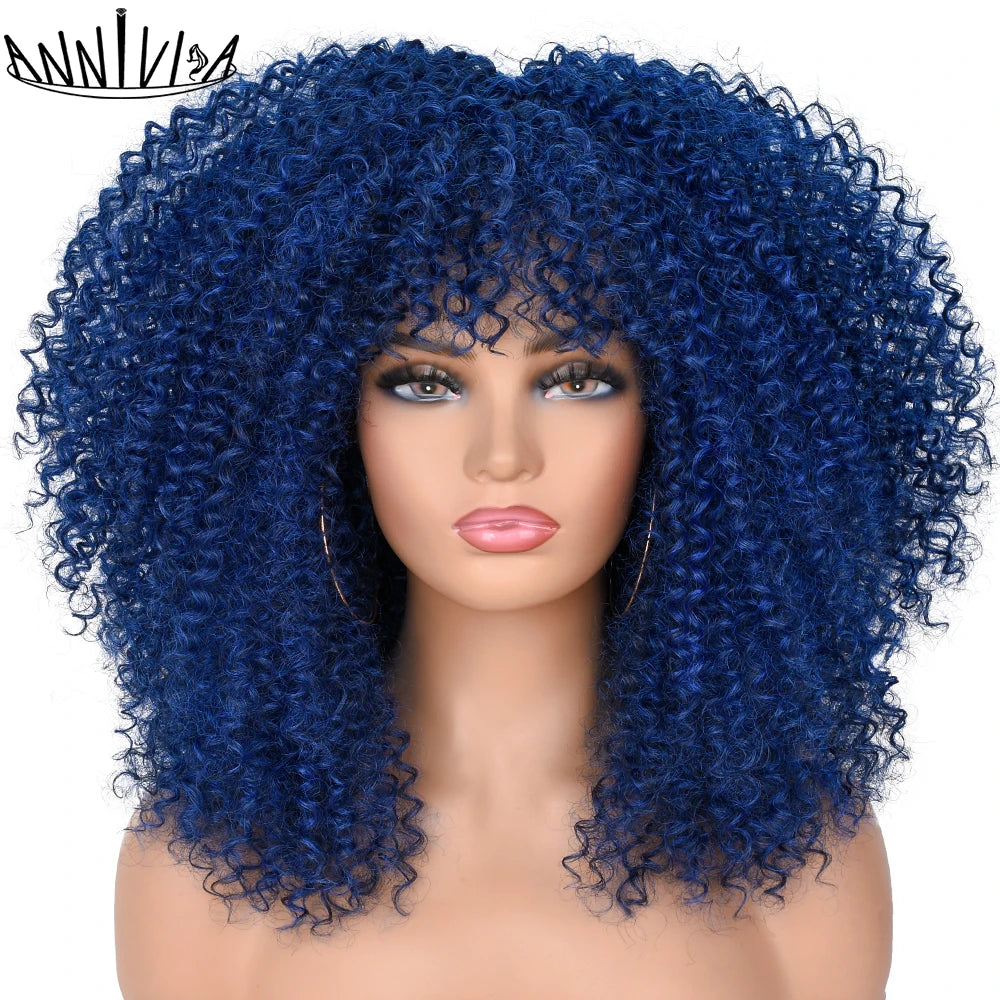 Curly Wigs For Black Women Short Kinky Curly Afro Wigs With Bangs 16 Inch Brown Afro Hair Synthetic Fibre Cosplay Hair