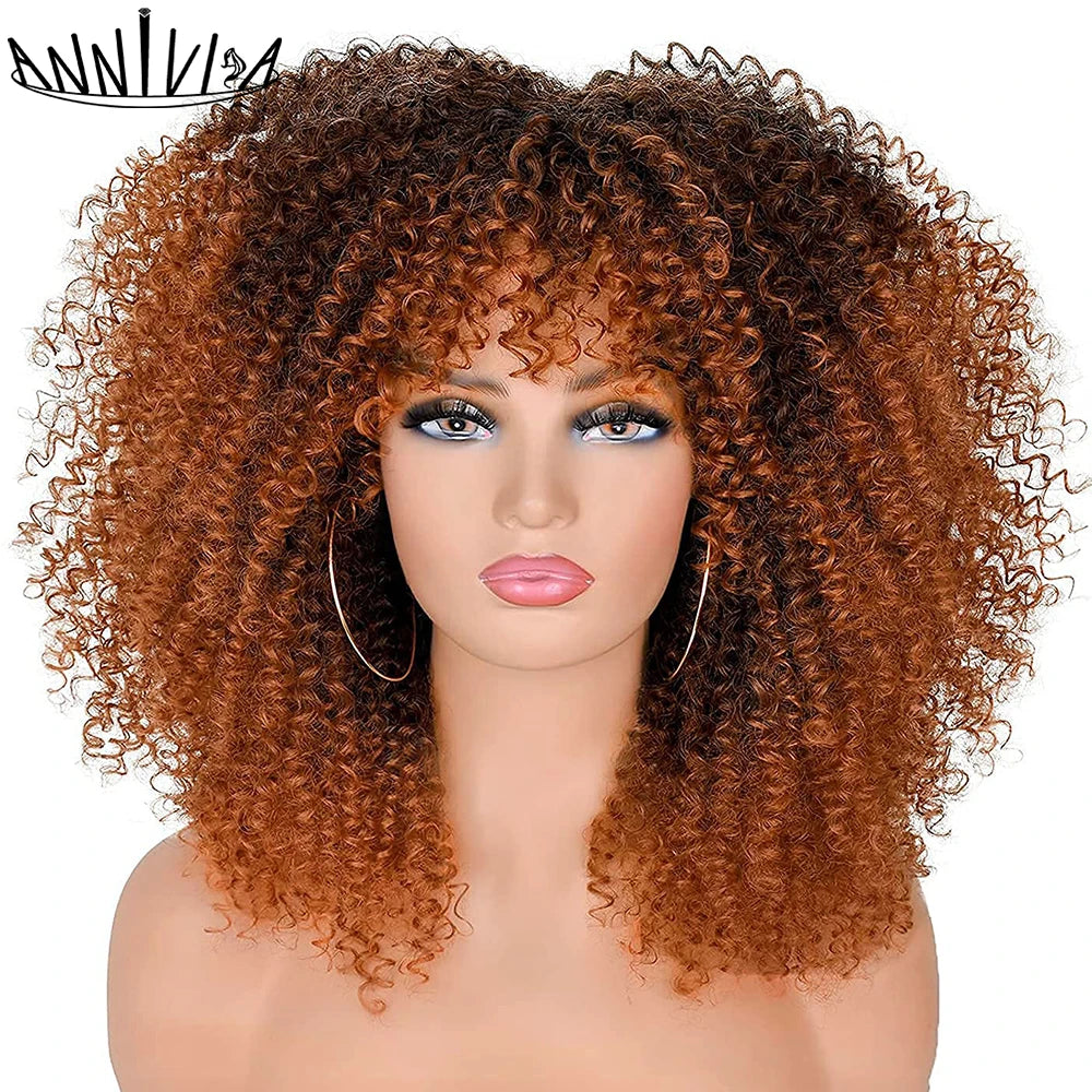 Curly Wigs For Black Women Short Kinky Curly Afro Wigs With Bangs 16 Inch Brown Afro Hair Synthetic Fibre Cosplay Hair