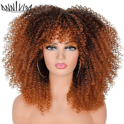 Curly Wigs For Black Women Short Kinky Curly Afro Wigs With Bangs 16 Inch Brown Afro Hair Synthetic Fibre Cosplay Hair