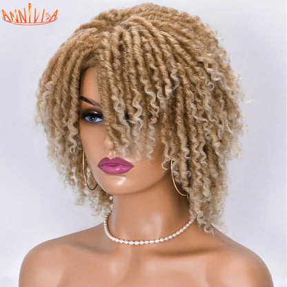 Short Dreadlock Hair Wig Curly Synthetic Soft Faux Locs Wigs With Bangs For Black Women Ombre Crochet Twist Hair Wigs Annivia