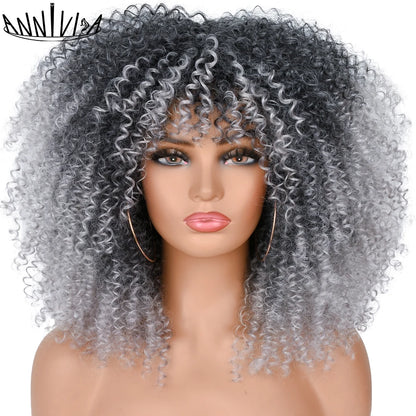 Curly Wigs For Black Women Short Kinky Curly Afro Wigs With Bangs 16 Inch Brown Afro Hair Synthetic Fibre Cosplay Hair