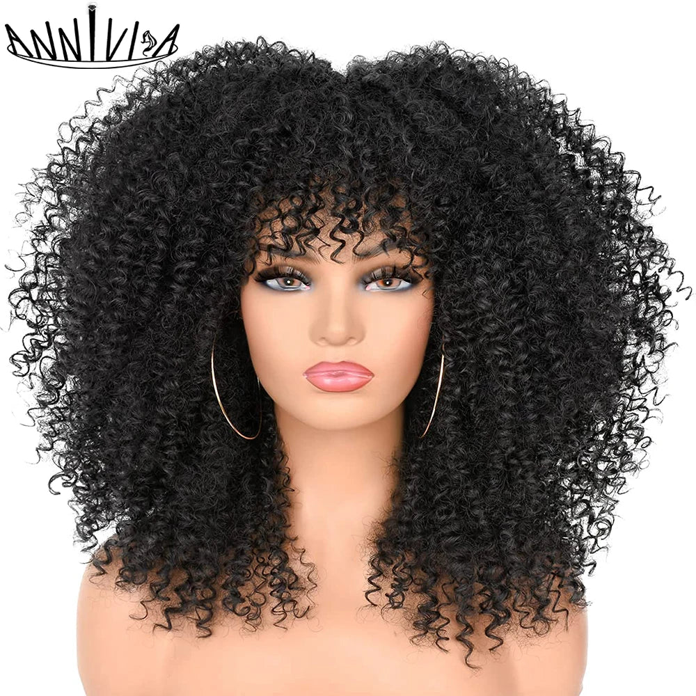 Curly Wigs For Black Women Short Kinky Curly Afro Wigs With Bangs 16 Inch Brown Afro Hair Synthetic Fibre Cosplay Hair