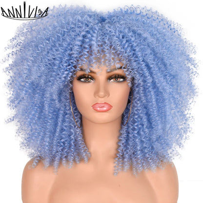 Curly Wigs For Black Women Short Kinky Curly Afro Wigs With Bangs 16 Inch Brown Afro Hair Synthetic Fibre Cosplay Hair
