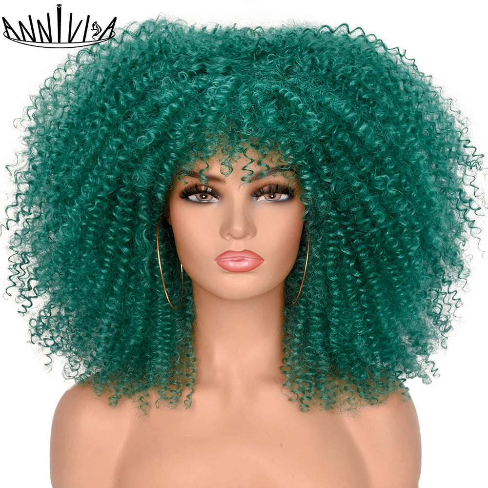 Curly Wigs For Black Women Short Kinky Curly Afro Wigs With Bangs 16 Inch Brown Afro Hair Synthetic Fibre Cosplay Hair