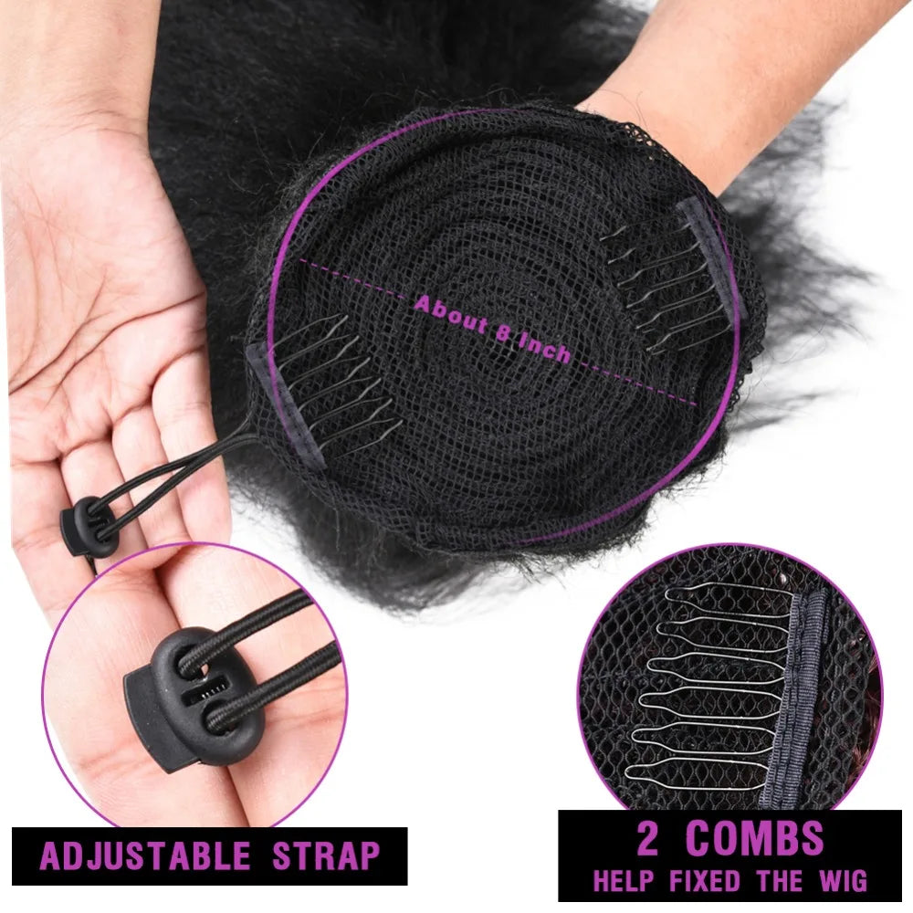 Lydia Tail Warping Synthetic 16" Kinky Straight Hairpiece With Two Plastic Comb Drawstring Ponytail Hair Extension 1B# Black