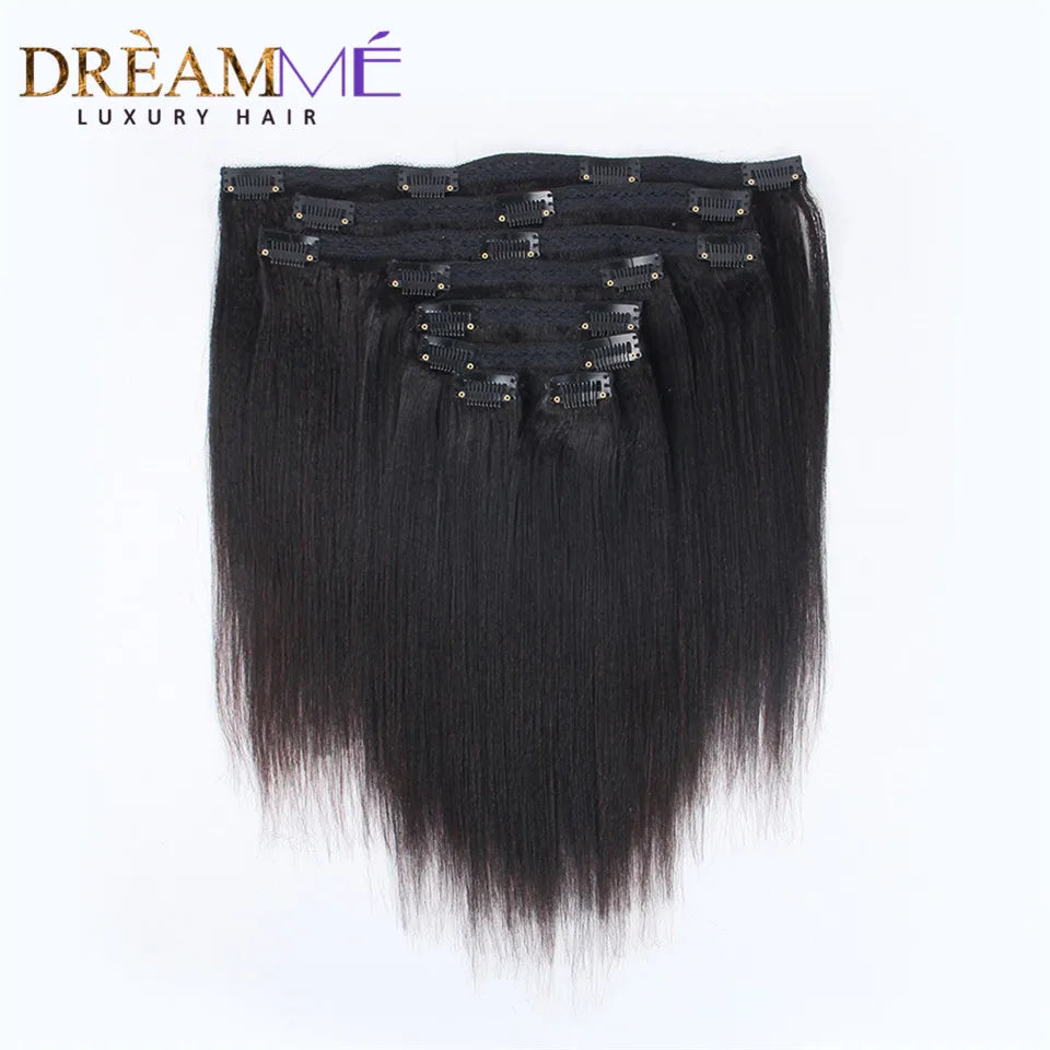Light Yaki Straight Clips In Human Hair Extensions  Natural Color Kinky Coarse Yaki In Brazilian Remy Human Hair 120G 8Pcs/Set